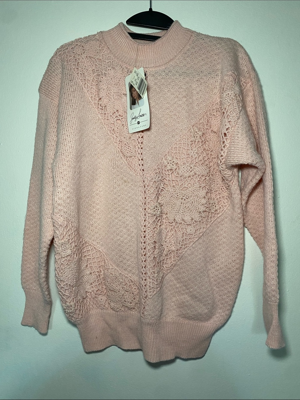 Vintage Jaclyn Smith Pink Knit Sweater Mock Neck Lace Embellished NWT